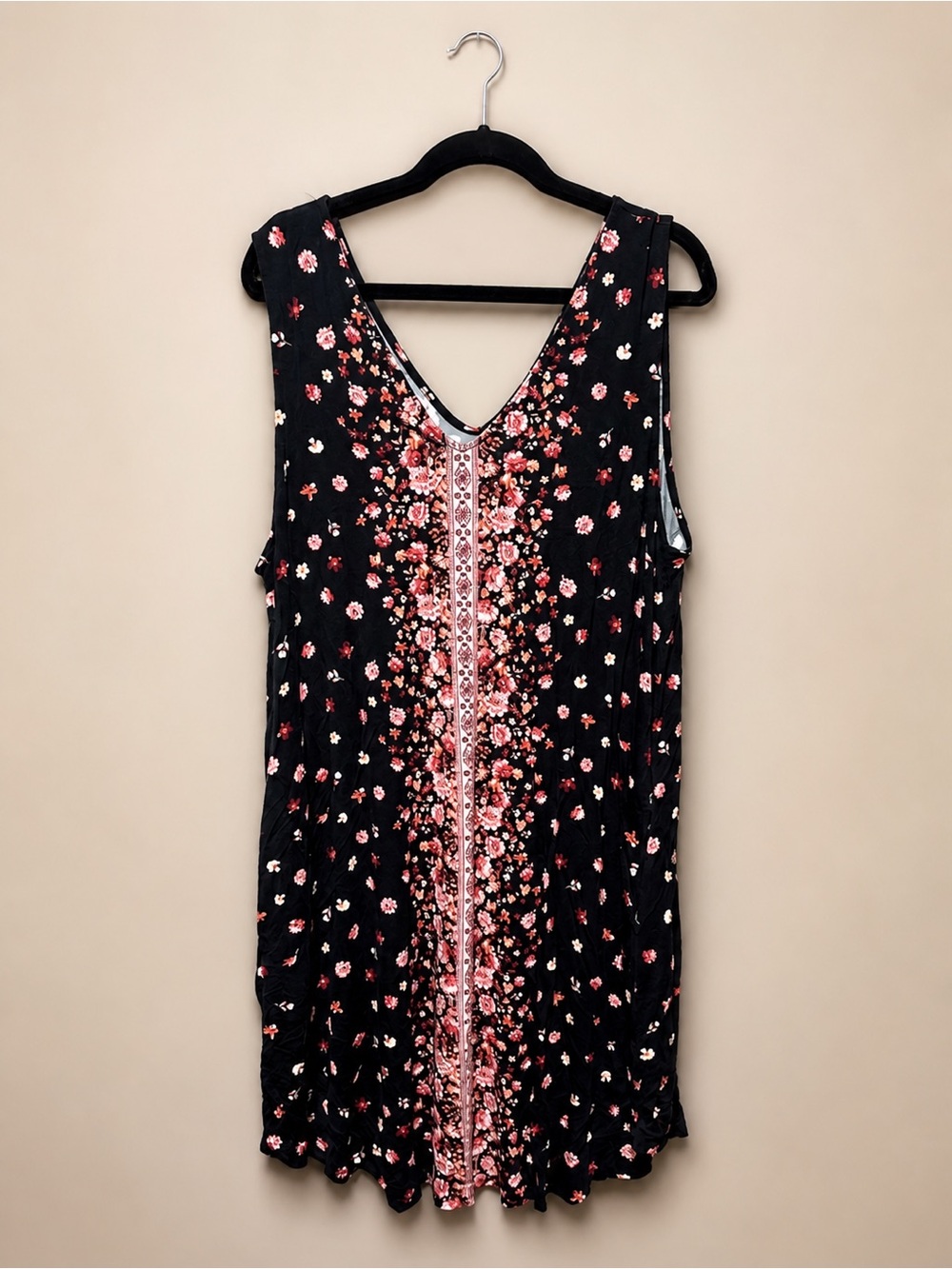 Maurices Black Floral V-Neck Sleeveless Dress with Pink Accents